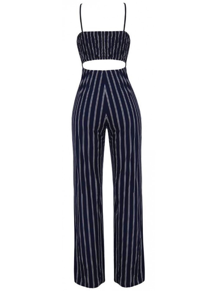 Womens Striped Spaghetti Strap Summer Jumpsuits Sexy Tie Bowknot Long Pants Rompers 