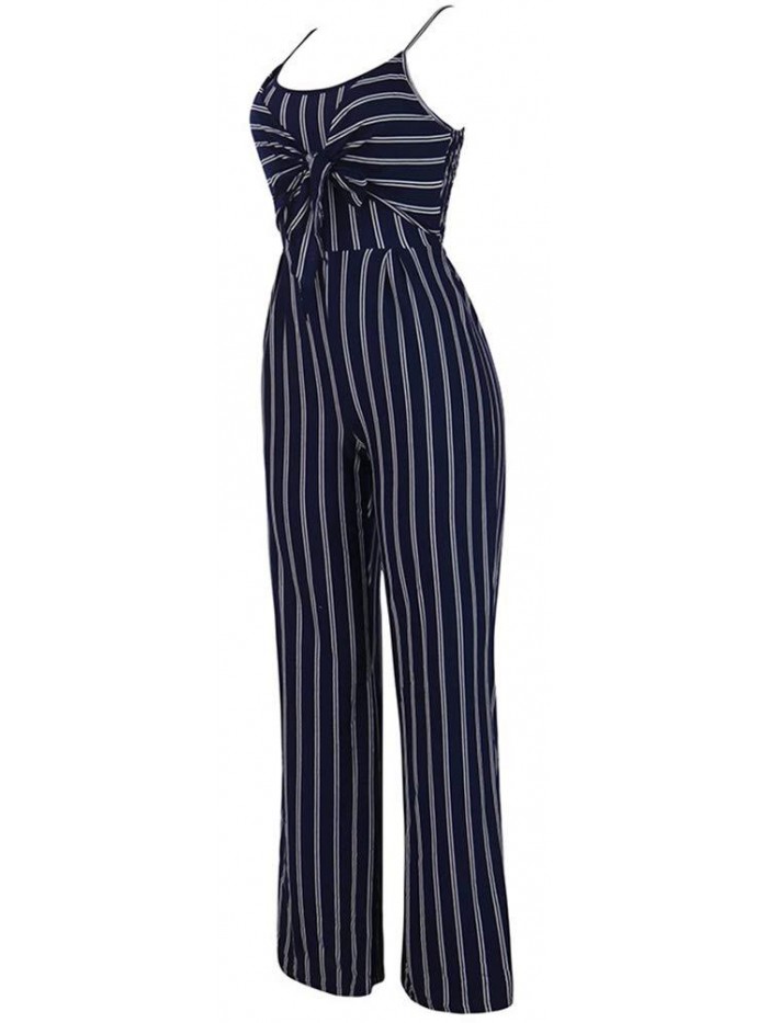 Womens Striped Spaghetti Strap Summer Jumpsuits Sexy Tie Bowknot Long Pants Rompers 