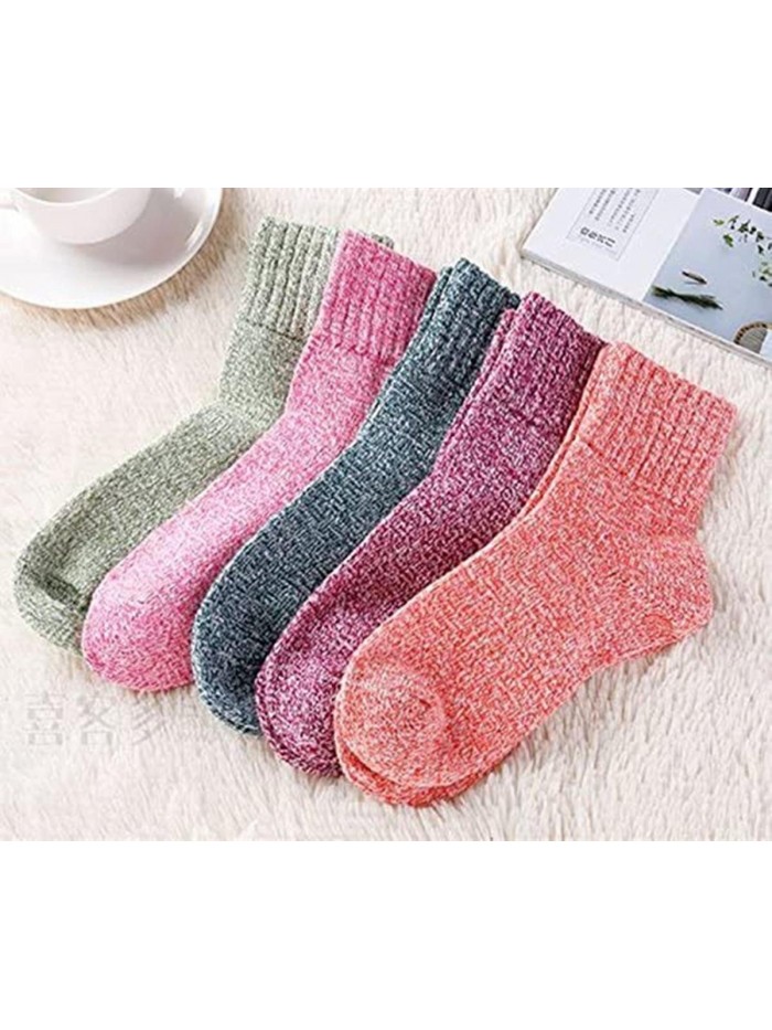 5 Pairs Womens Wool Socks Thick Knit Vintage Winter Warm Cozy Crew Socks Gifts 