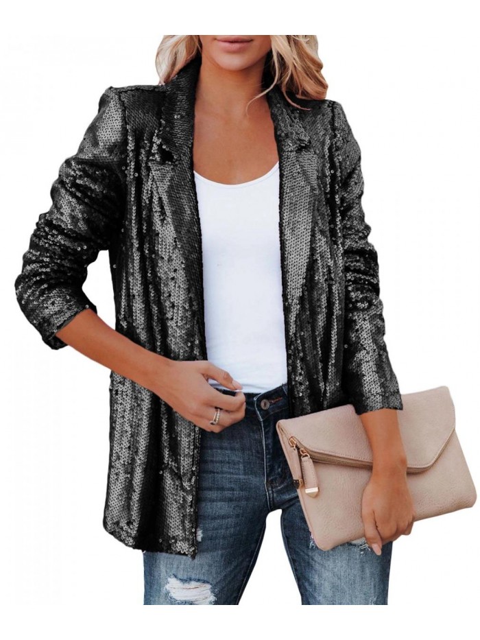 Women's Sequin Shiny Open Front Blazer Evening Party Sparkly Long Sleeve Slim Cardigan Coat 