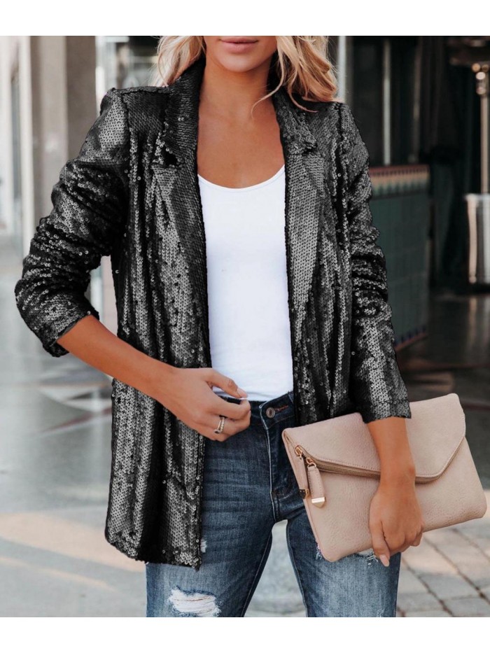 Women's Sequin Shiny Open Front Blazer Evening Party Sparkly Long Sleeve Slim Cardigan Coat 