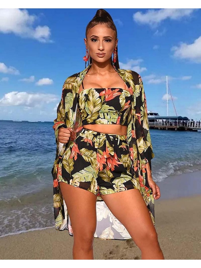 3 Piece Outfits Set Floral Kimono Cardigans Cover Up Off Shoulder Crop Cami Top Short Suits 