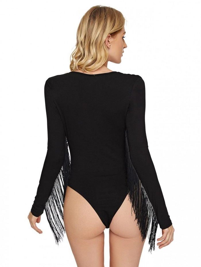 Women's Fringe Trim V Neck Long Sleeve Bodysuit Top 