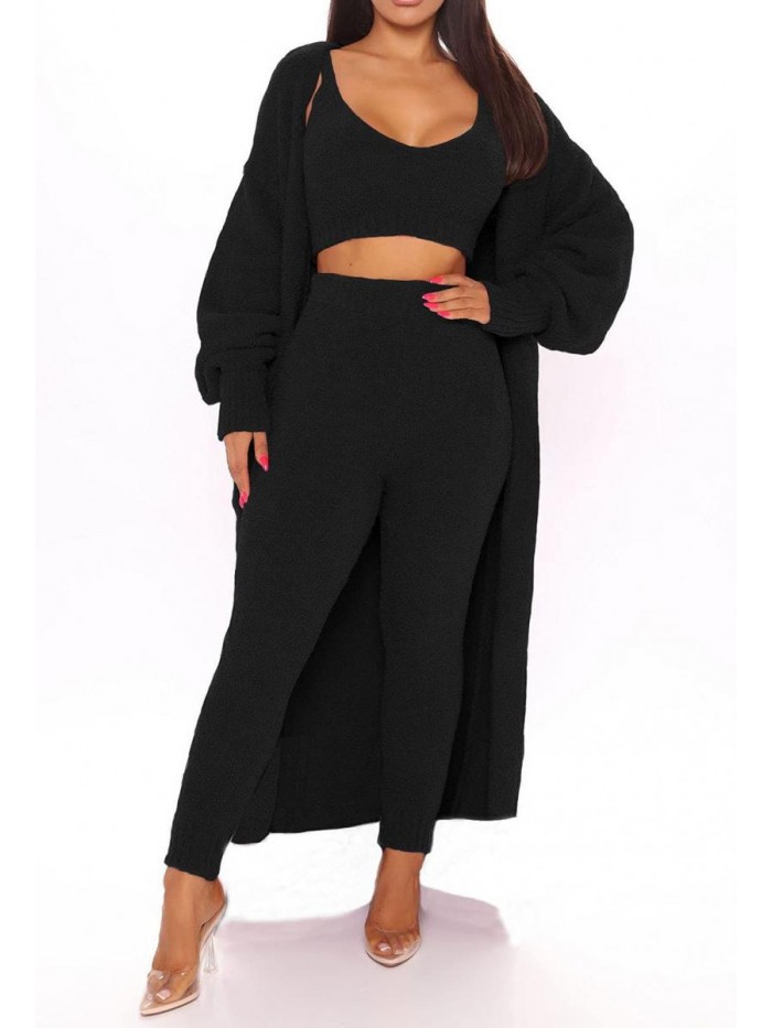 Wind Women's Fuzzy 3-Piece Sweatsuit Outfits Open Front Cardigan Crop Top Wide Legs Pants Loungewear Sets 