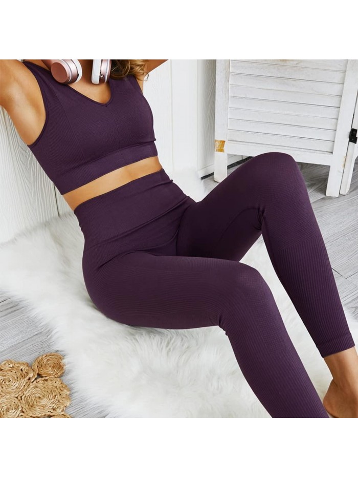 2 PCS Workout Set Seamless Super Soft Material Deep V Neck Bra+Leggings Sports Suit Yoga Outfits 