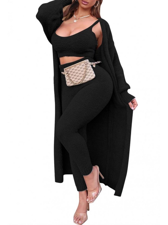 Wind Women's Fuzzy 3-Piece Sweatsuit Outfits Open Front Cardigan Crop Top Wide Legs Pants Loungewear Sets 