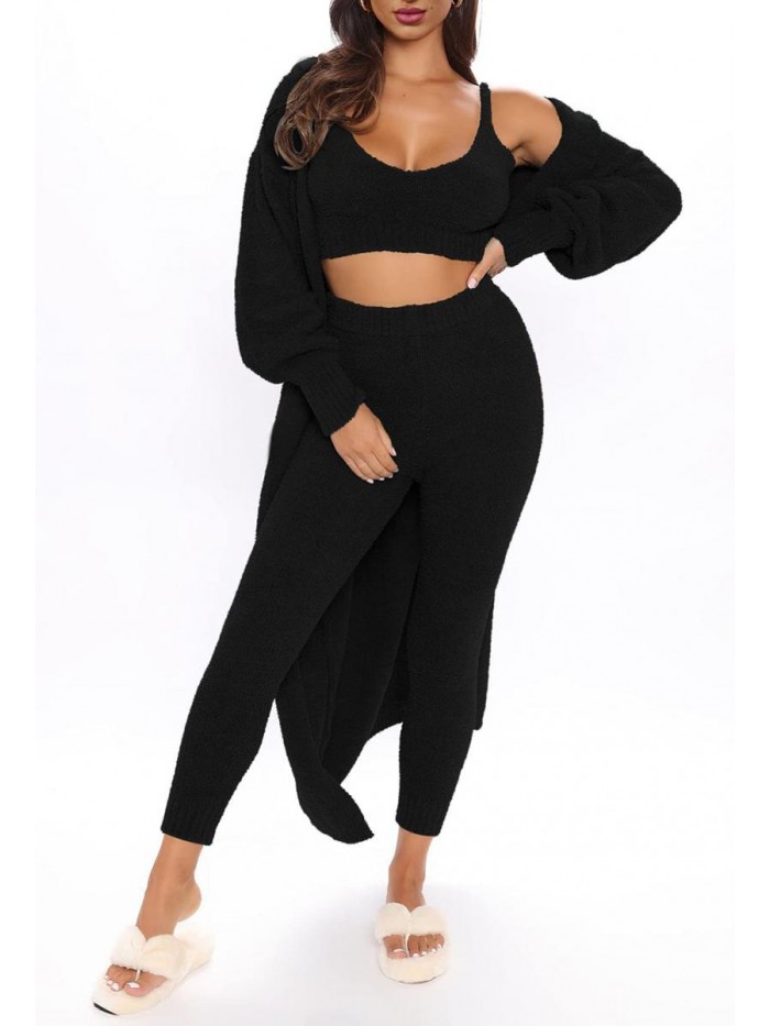 Wind Women's Fuzzy 3-Piece Sweatsuit Outfits Open Front Cardigan Crop Top Wide Legs Pants Loungewear Sets 