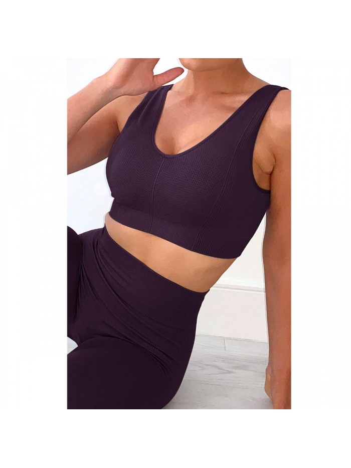 2 PCS Workout Set Seamless Super Soft Material Deep V Neck Bra+Leggings Sports Suit Yoga Outfits 