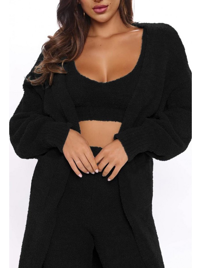 Wind Women's Fuzzy 3-Piece Sweatsuit Outfits Open Front Cardigan Crop Top Wide Legs Pants Loungewear Sets 