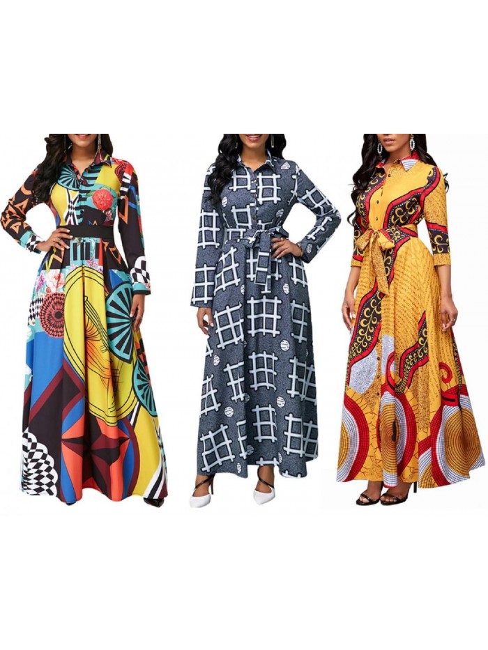Womens Maxi Dresses Long Sleeve Floral Printed Casual V Neck Loose Party Dress Fall 