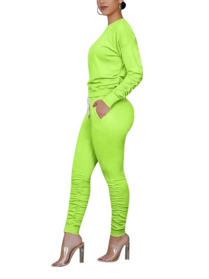 2 Piece Outfit for Women Casual Solid Color T-Shirts Ruched Bodycon Pants Jogger Jumpsuit Set Clubwear 