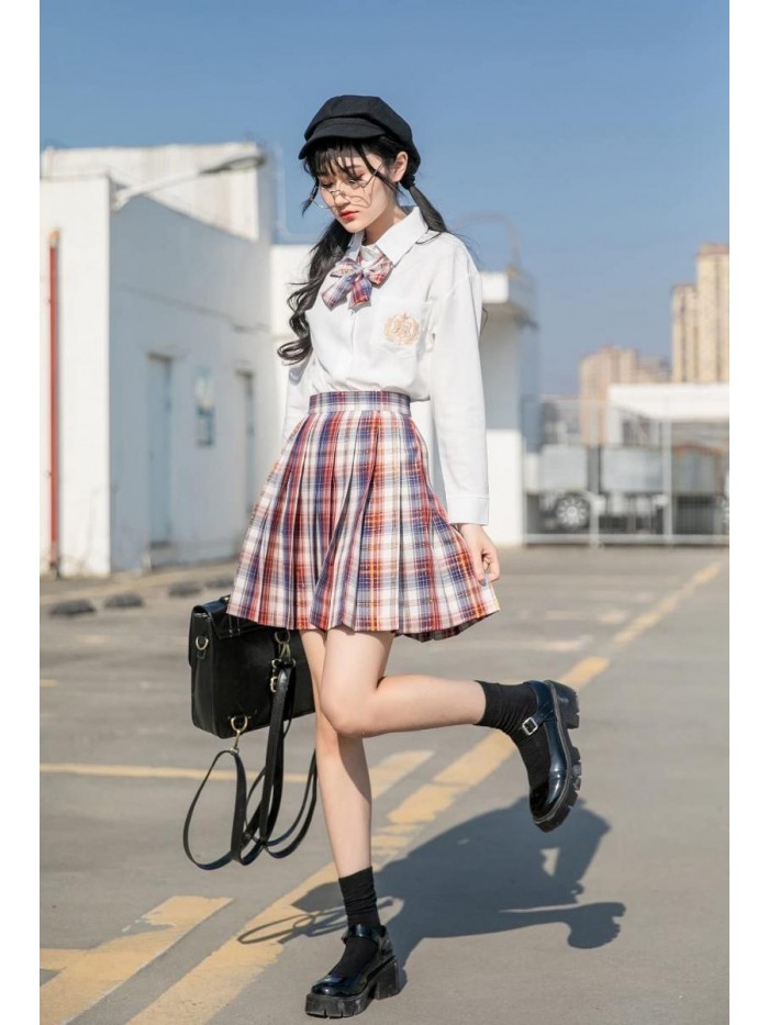 Adjustable High Waist Plaid Skirt for Women with Neck Bow Tie A-line Harajuku Style Japanese School Uniform US 0-12 