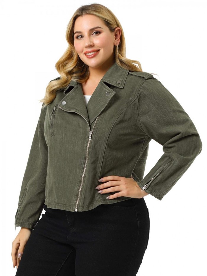 Orinda Women's Plus Size Denim Jackets Collar Inclined Zip Closure Biker Moto Jacket Valentines 