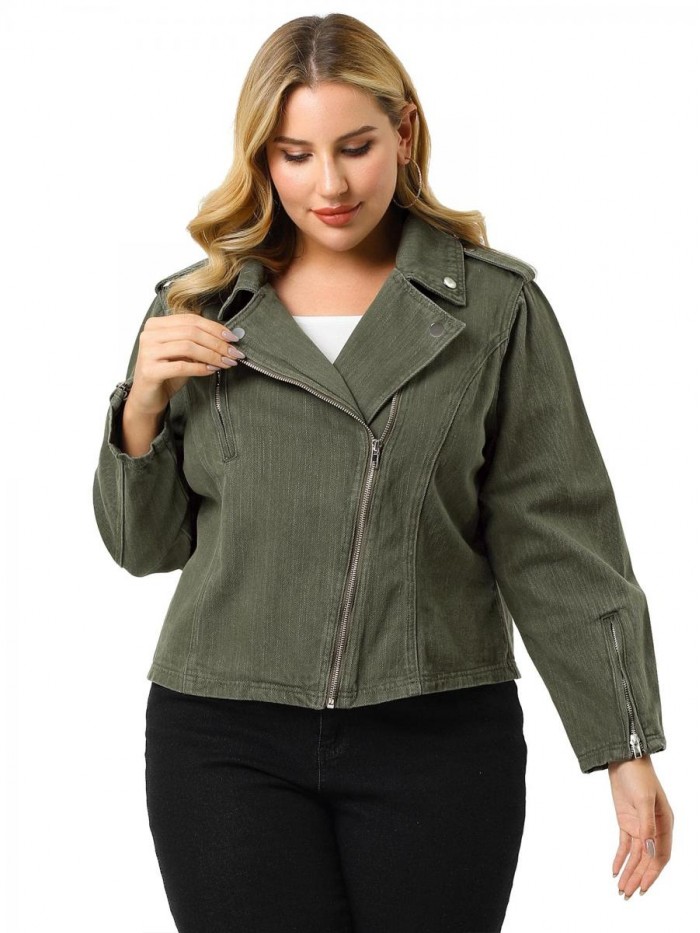 Orinda Women's Plus Size Denim Jackets Collar Inclined Zip Closure Biker Moto Jacket Valentines 