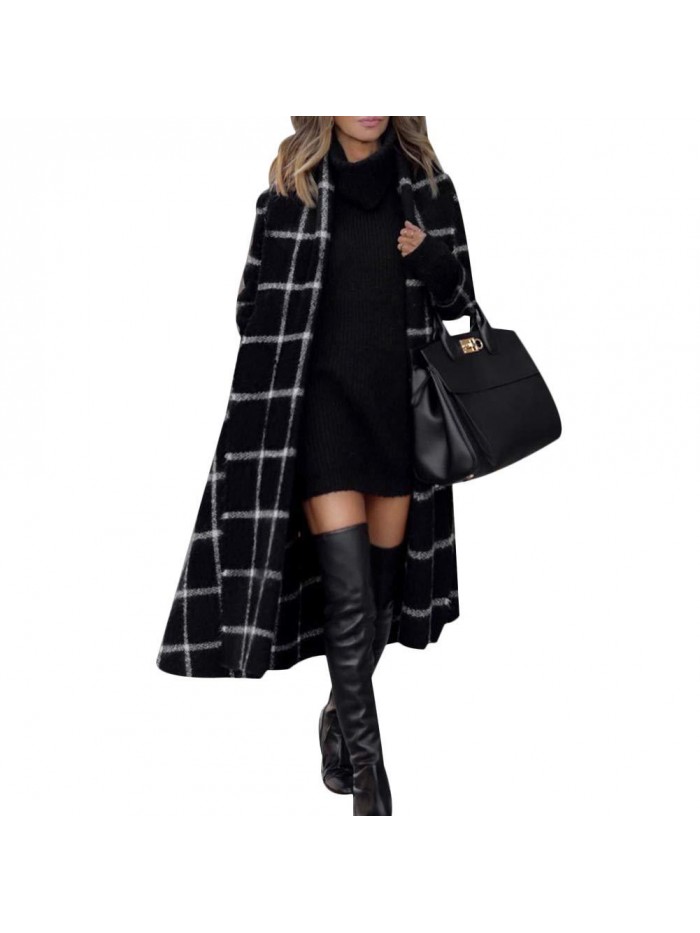 Elegant Wool Blend Belt Trench Coat Plaid Print Outwear Jacket Cardigan 