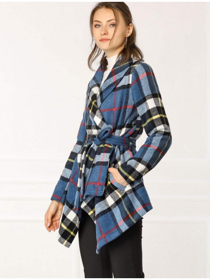 K Women's Turn Down Collar Asymmetric Hem Thin Plaids Wrap Coat 