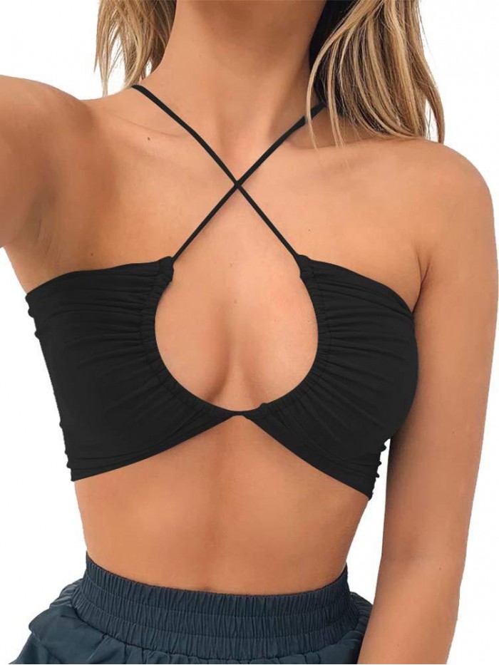 Women's Sexy Criss Cross Lace Up Sling Basic Bow Tie Crop Top 