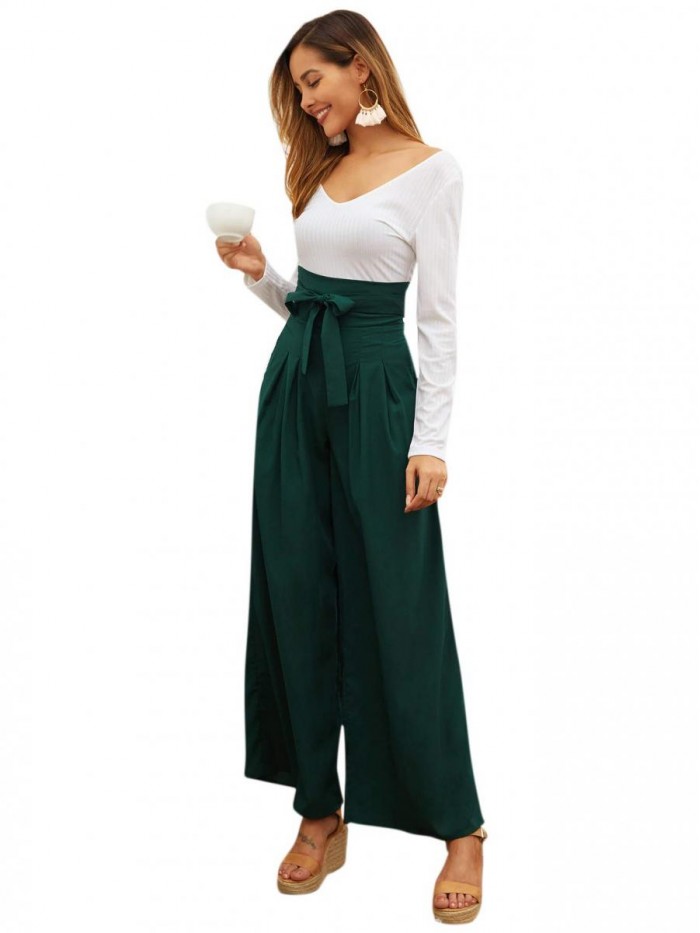 Women's Casual High Waist Belted Wide Leg Pants with Pocket 