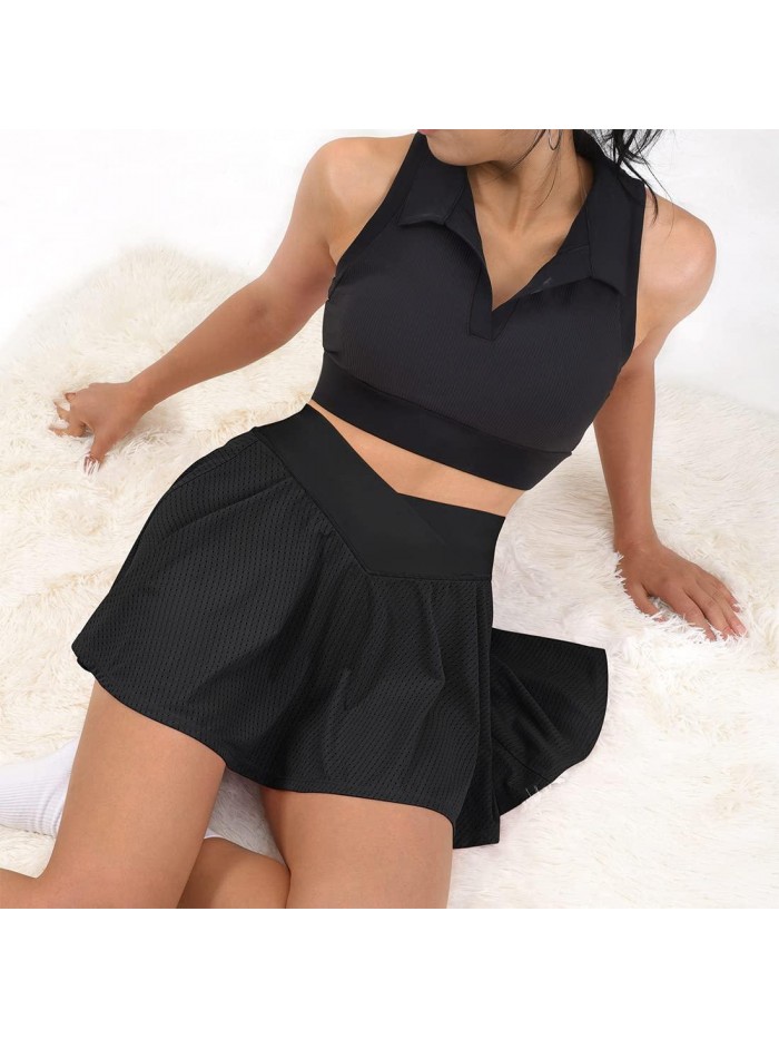 Womens Pleated Tennis Skirt Crossover High Waisted Mesh Golf Skorts 