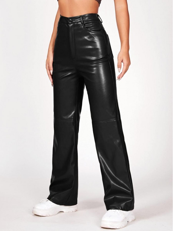 Women's PU High Waist Faux Leather Straight Leg Pants with Pockets 