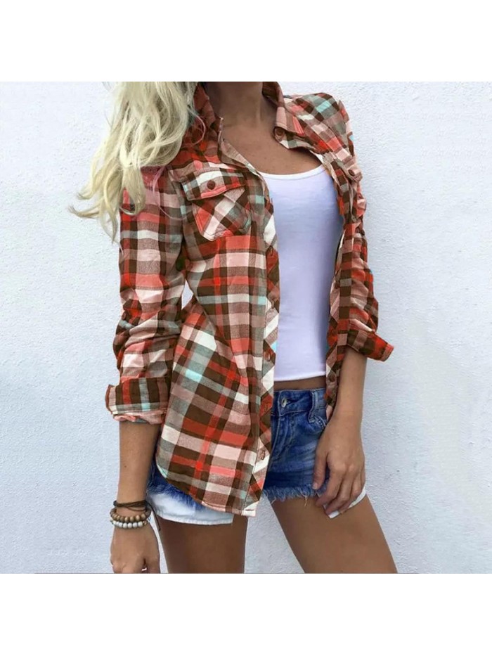 Cute Color Block Long Sleeve Plaid Button Down Blouse Chest Pockets Boyfriend Long Sleeve Oversized Shacket Tops 