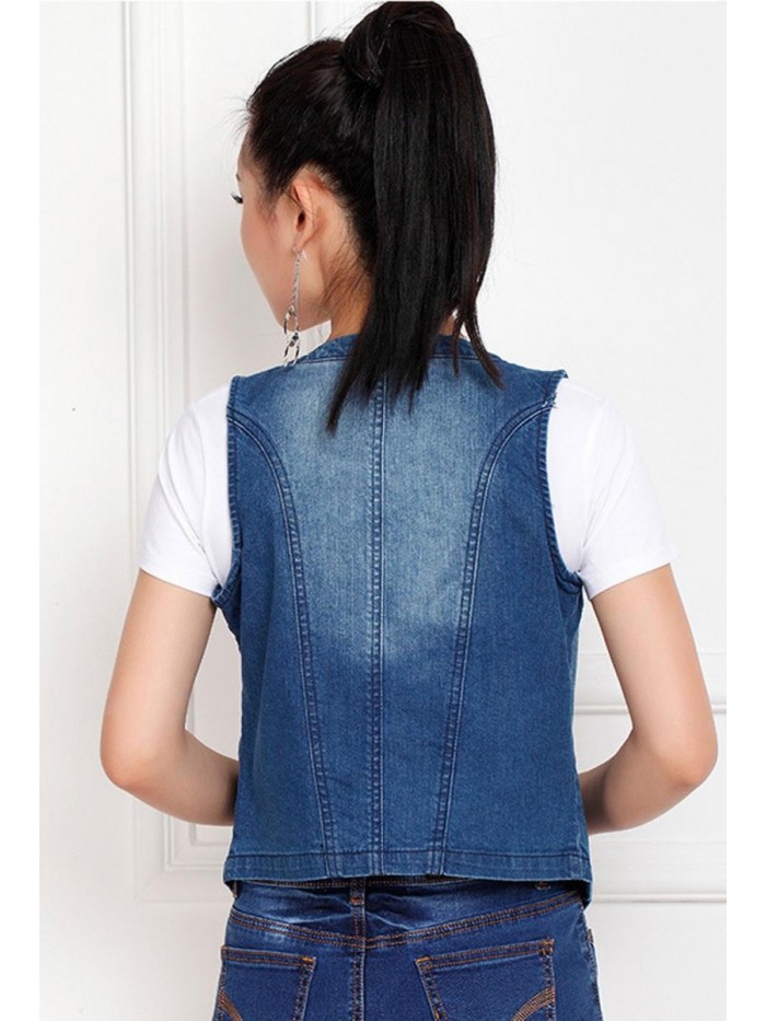 Women's Stretchy V-Neck Button Up Unlined Ripped Denim Waistcoat Vest 