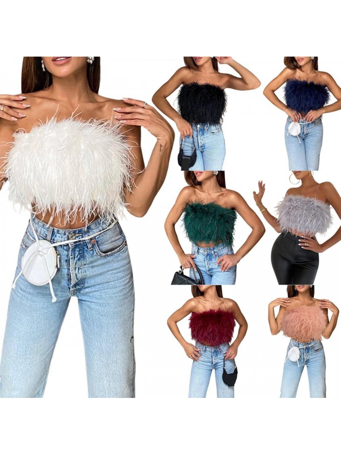 Rave Festival Feather Vest Sexy Faux Fur Strapless Backless Fluffy Tube Top for Concert Club Party 