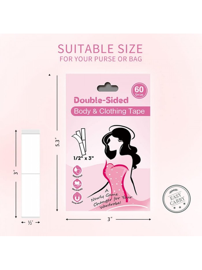 Double Sided Tape for Womens Fashion Clothing and Body- 1 Pack (60 Strips)- Strong and Clear Tape for All Skin Tones and Fabric,Long Lasting for Securing Necklines,Scarves & Straps 