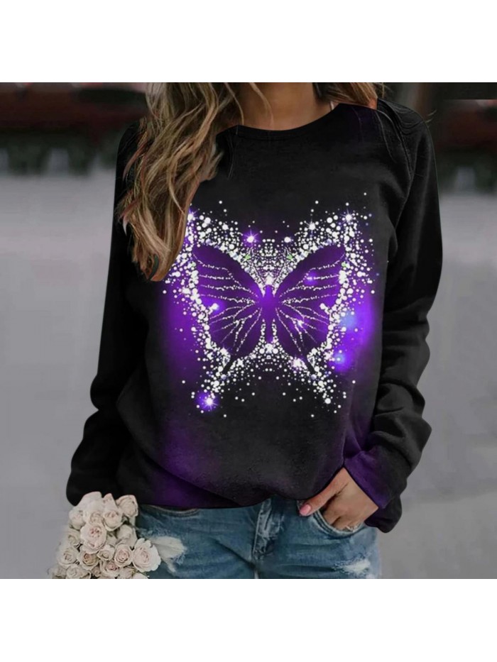 Long Sleeve Casual Tops Aesthetic Butterfly Dream Print Lightweight Crewneck Sweatshirts Loose Fit Pullover 