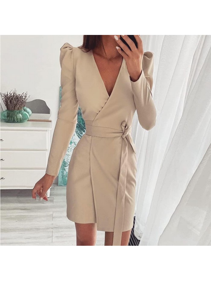 Womens Sexy V Neck Blazer Dress Puff Long Sleeve Mini Work Business Dress with Belt 