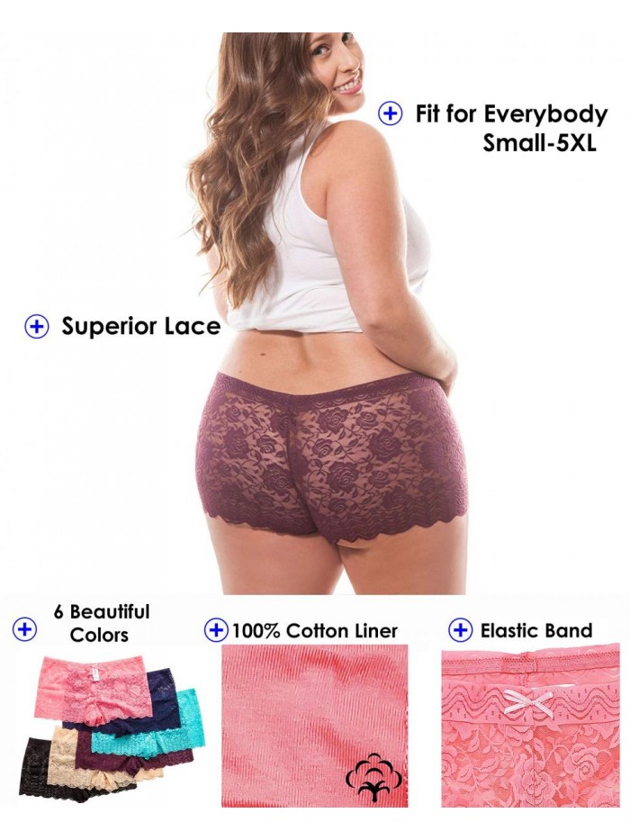 6 Pack of Women's Regular & Plus Size Lace Boyshort Panties 