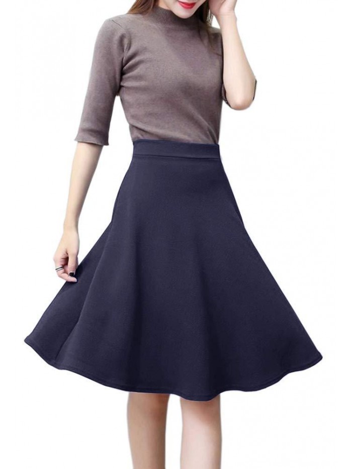 Womens Stretch Waist A-line Flared Skater Midi Skirt 