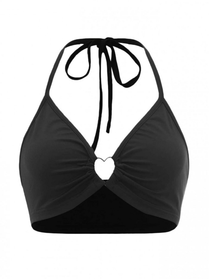 Women's Solid Sleeveless Halter Neck Heart Ring Linked Crop Top 