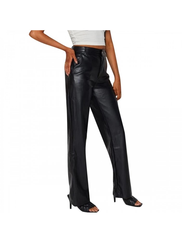 Faux Leather Pants Vintage Y2k Leisure Straight Wide Leg Slim Trousers Streetwear 