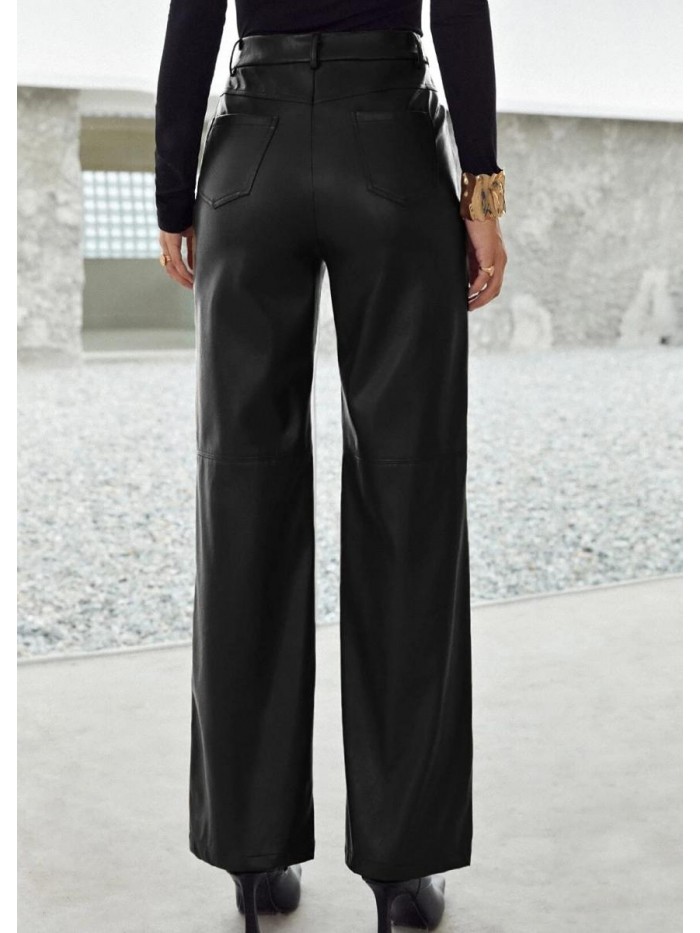 Faux Leather Pants for Women Straight Leg Zipper Fly Palazzo PU Leather Trousers 