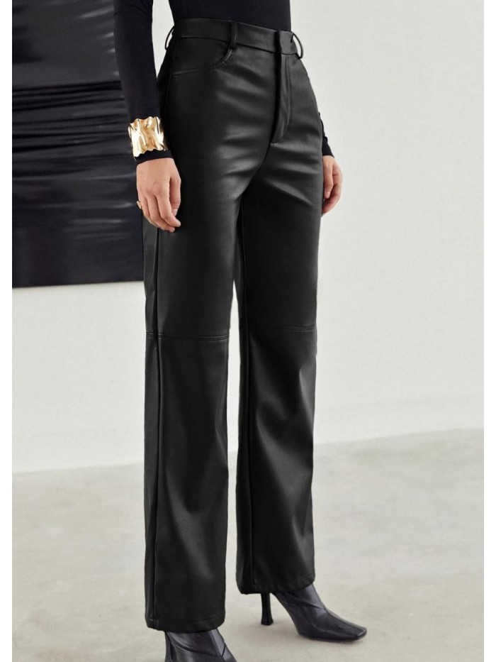 Faux Leather Pants for Women Straight Leg Zipper Fly Palazzo PU Leather Trousers 