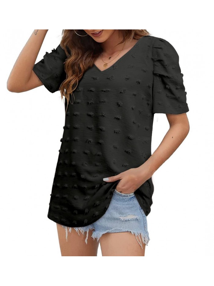 Short Sleeve Tshirts for Women Chiffon V Neck Blouses Cute Puff Sleeve Tops 