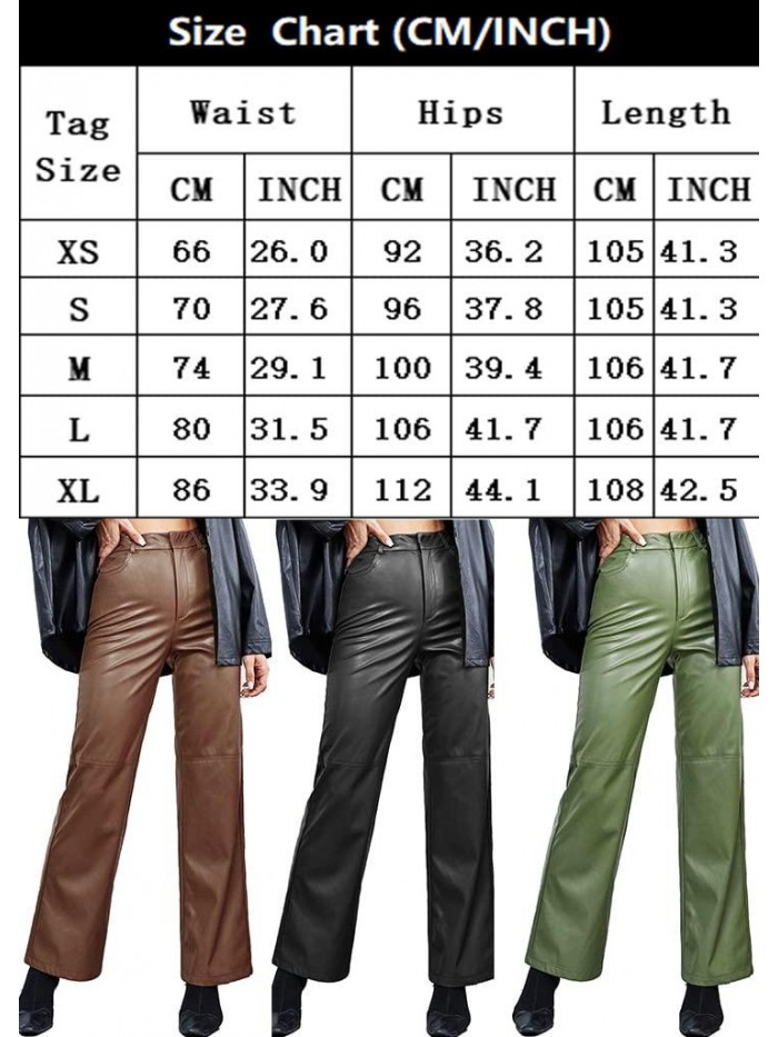 Faux Leather Pants for Women Straight Leg Zipper Fly Palazzo PU Leather Trousers 