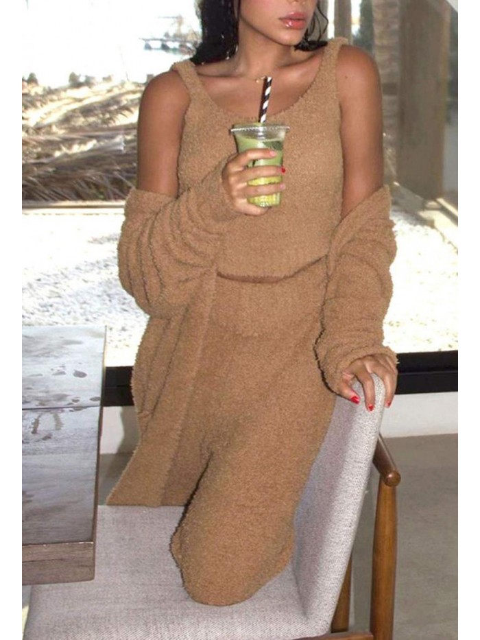 Women's Fuzzy 3 Piece Sweatsuit Open Front Cardigan Crop Tank Tops Wide Legs Pants Lounge Sets 