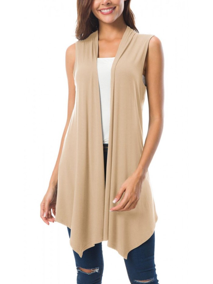 Sleeveless Draped Open Front Cardigan Vest Asymmetric Hem 