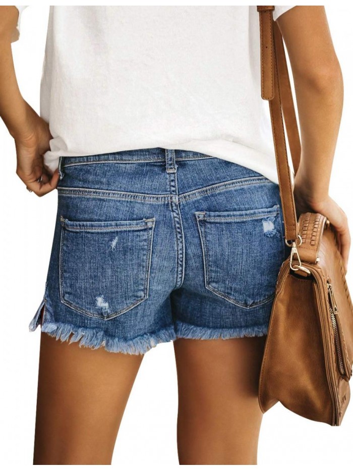 Women's Casual Mid Rise Denim Shorts Stretch Ripped Raw Hem Jean Shorts 