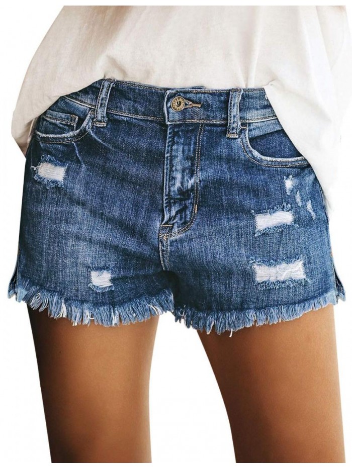 Women's Casual Mid Rise Denim Shorts Stretch Ripped Raw Hem Jean Shorts 