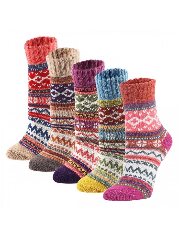 5Pack Womens Vintage Winter Soft Warm Thick Cold Knit Wool Crew Socks, Multicolor, free size 