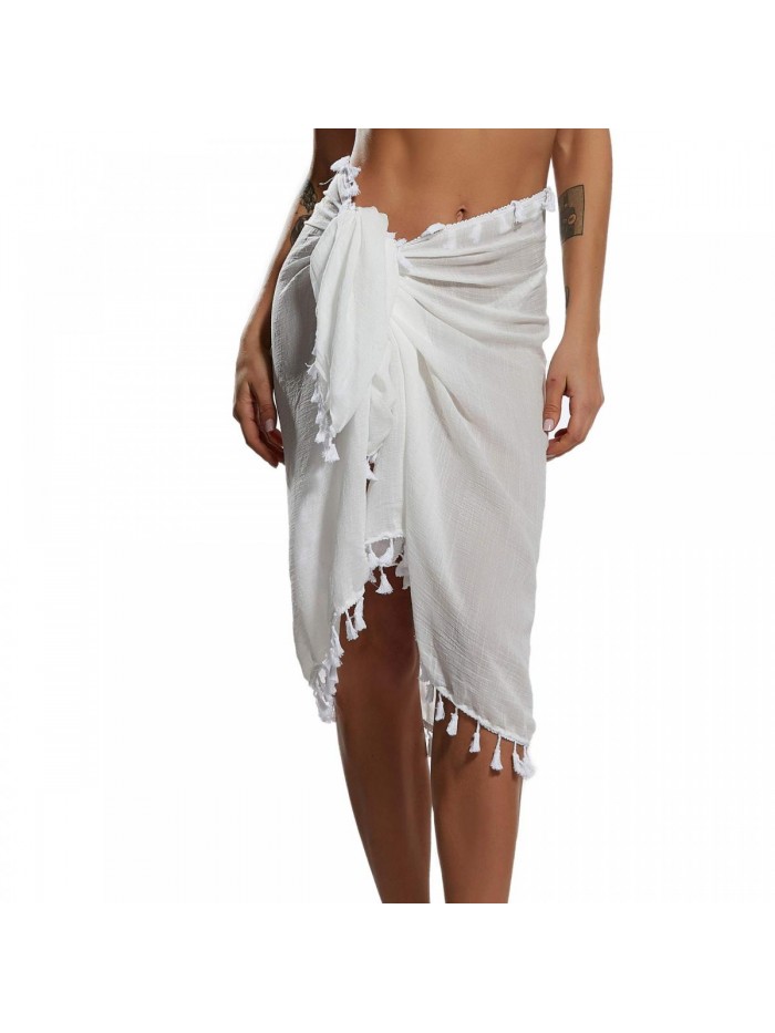 Beach Sarong Pareo Womens Semi-Sheer Swimwear Cover Ups Short Skirt with Tassels 