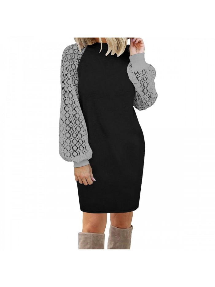 Long Lantern Sleeve Pencil Dress for Women Solid Color Work Crewneck Elegant Knee Lenght Dresses for Party Cocktail 