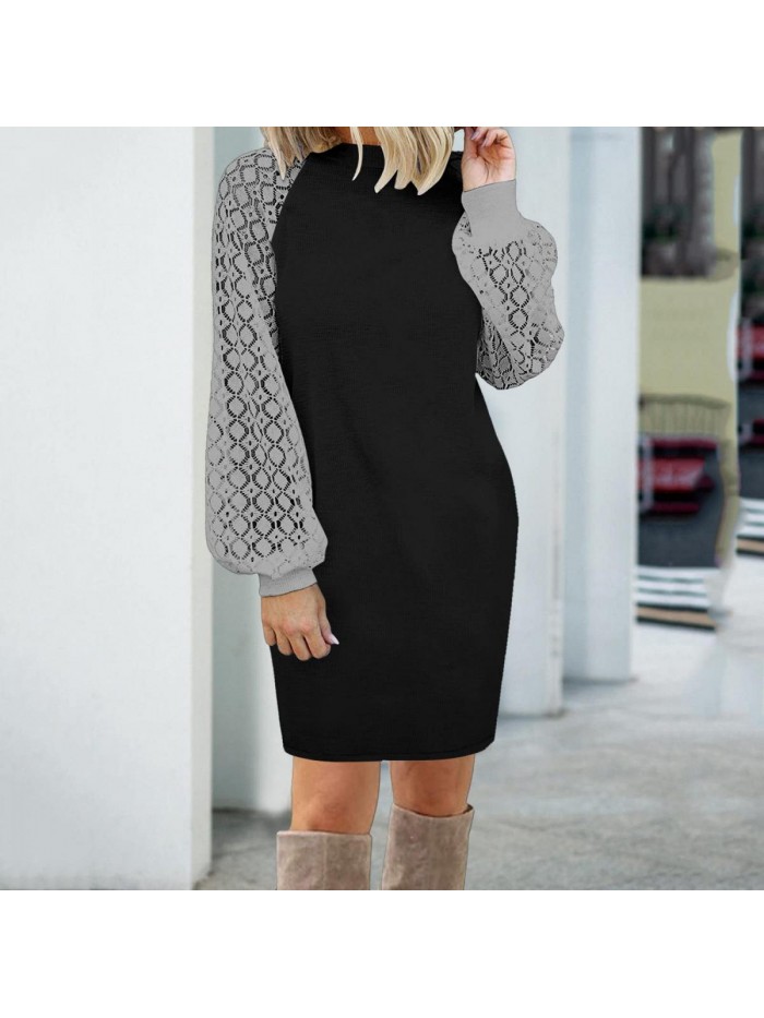 Long Lantern Sleeve Pencil Dress for Women Solid Color Work Crewneck Elegant Knee Lenght Dresses for Party Cocktail 