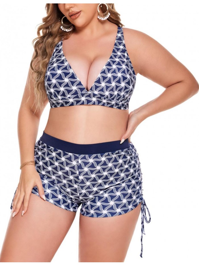 Women Plus Size Bikini Set Floral Print Halter Swimsuits Tank Tops with Boyshorts Bathing Suits Swimming Wear 