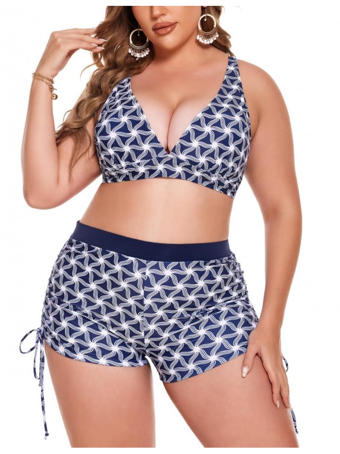 Women Plus Size Bikini Set Floral Print Halter Swimsuits Tank Tops with Boyshorts Bathing Suits Swimming Wear 