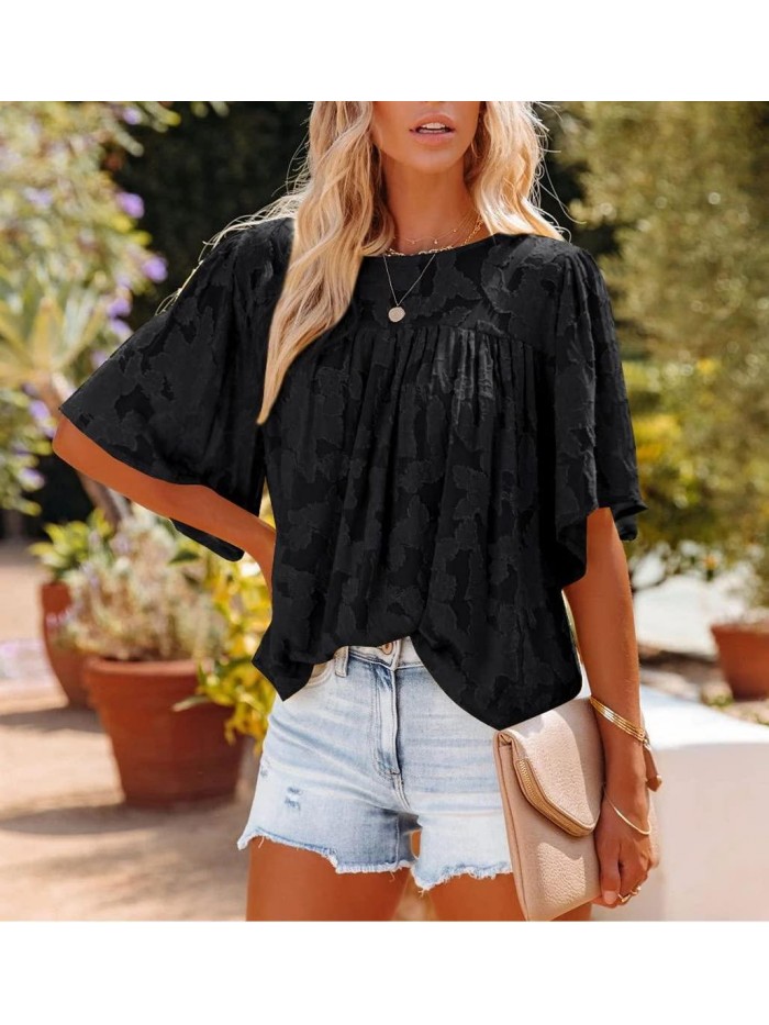 Women's Summer 3/4 Bell Sleeve Tee T Shirts Chiffon Blouses Floral Babydoll Lace Tunic Tops 