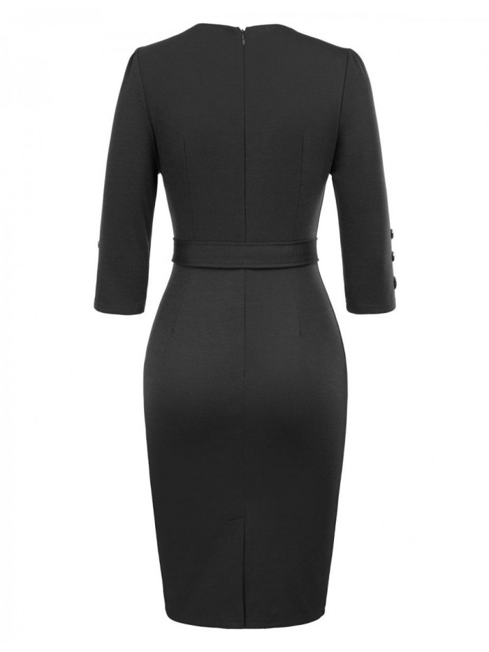 KARIN Women Retro 3/4 Sleeve Work Office Business Pencil Dress with Belt 